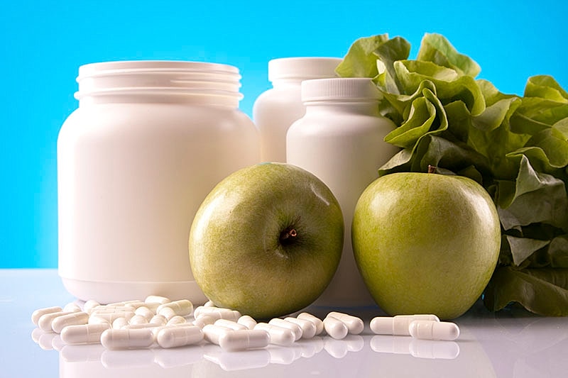 Vitamins, fruits, and vegetables for healthy living.